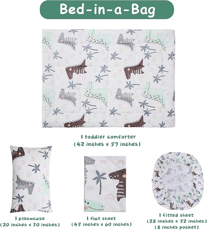 JSD Dinosaur Toddler Bedding Set, 4 Piece Bed-in-a-Bag Comforter Sheet Set, Machine Washable