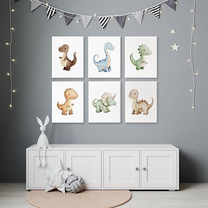 Dinosaur Nursery Wall Art Kids Canvas Poster Baby Boy Nursery Wall Decor Watercolor Dino Prints Toddler Pictures Cute Dinosaur Themed Artwork Painting for Boys Room Bedroom 8x10x6 Inch Ready to Hang
