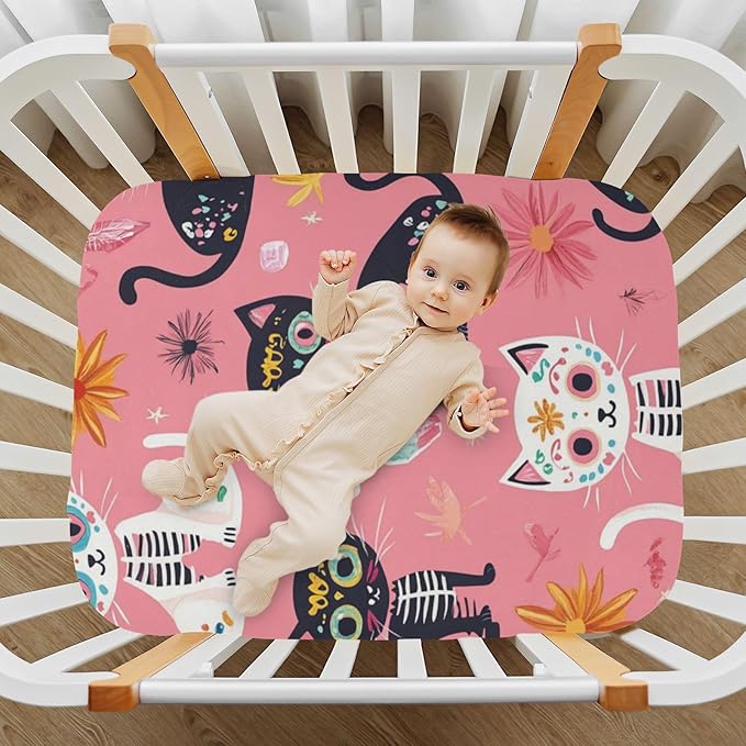 Cats Abstract Sugar Skulls Pink Crib Sheets Standard Crib Toddler Mattresses Cover Fitted Baby Bed Sheet Breathable Crib Mattress Sheet for Girls Boys 52" x 28"x5''