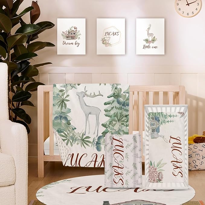 Custom Crib Bedding Set – Personalized Name Fawn Baby Bedding 5-Piece Set with Soft Blanket, Fitted Sheet, Changing Pad Cover, Rug and Wall Art – Sweet Woodland Theme Nursery Decor for Boys Girls
