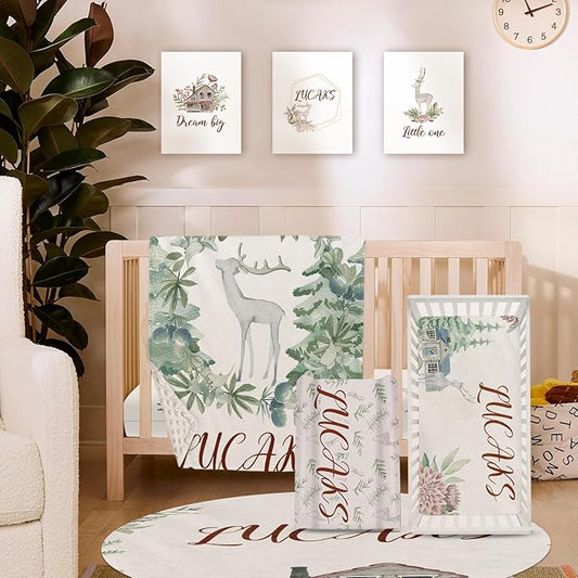 Custom Crib Bedding Set – Personalized Name Fawn Baby Bedding 5-Piece Set with Soft Blanket, Fitted Sheet, Changing Pad Cover, Rug and Wall Art – Sweet Woodland Theme Nursery Decor for Boys Girls