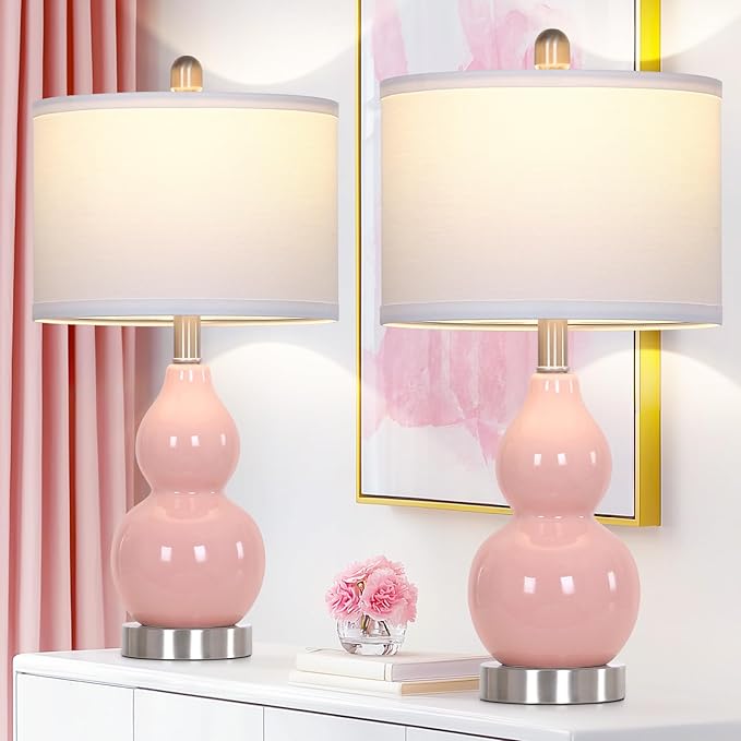 luxeflow 22" Double Gourd Ceramic Table Lamps Set of 2, Pink Modern Bedside Lamps for Living Room, Contemporary Nightstand Desk Lamps for Bedroom End Table Home Office Decor(2 LED Bulbs Included)