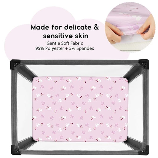Yoofoss Pack and Play Sheets Fitted, Mini Crib Sheets 2-Pack for Pack N Play Mattress, Stretchy Playard Sheet, Soft and Breathable (Pink+Cherry)