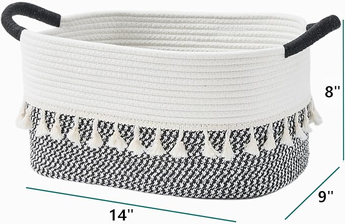 BUBUSUN Storage Bins Woven Baskets for Storage Set of 3, Cotton Rope Basket with Handles for Toys/Shelves/Laundry, Rectangle Multi-Purpose Organizer for Living Room, Bedroom, Nursery (White/Black)