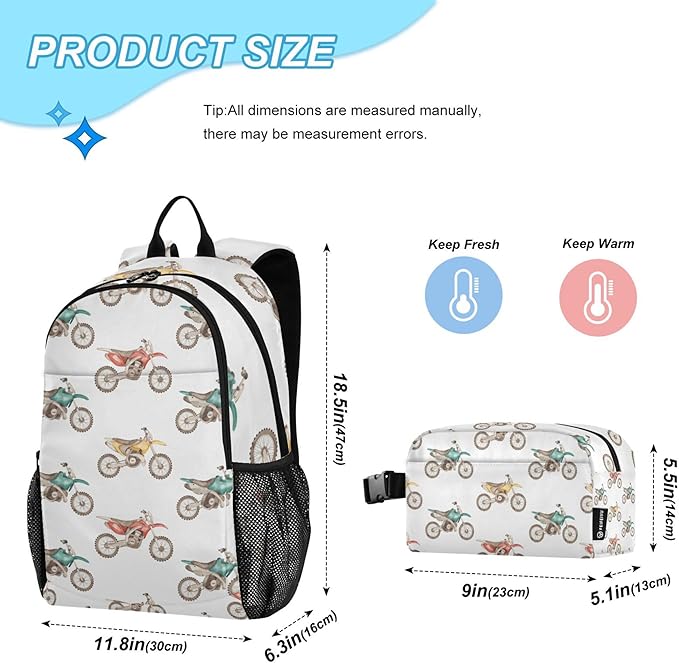 Jucciaco Watercolor Motorbikes Motorcycle Backpack with Lunch Bag, School Travel Backpack for Teens Boys Girls Kids Backpacks Set