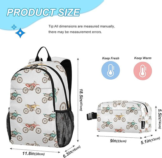 Jucciaco Watercolor Motorbikes Motorcycle Backpack with Lunch Bag, School Travel Backpack for Teens Boys Girls Kids Backpacks Set
