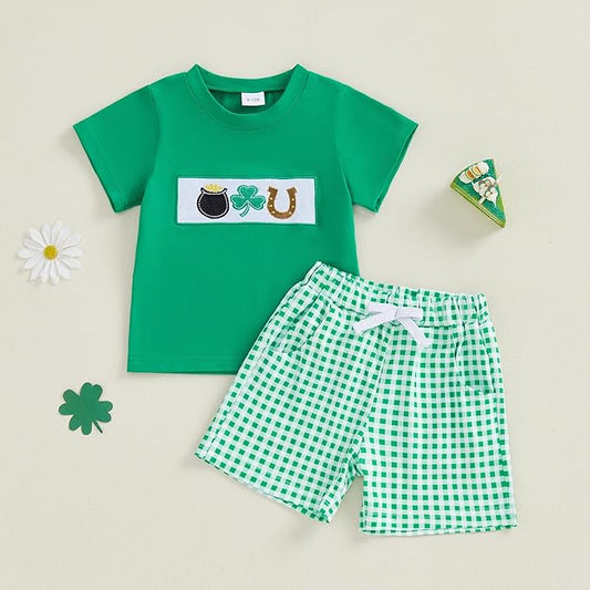 Baby Boy St Patricks Day Outfit Clover Embroidery Short Sleeve T-shirt Tops Shorts Set Toddler Spring Summer Clothes