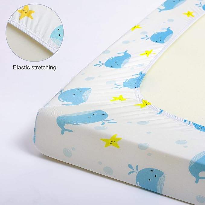 Pack n Play Fitted Sheet. 2 Piece Mini Crib Sheet. Elastic Playard Sheet. Portable Sheet Set. Elastic Convertible Playard Set. Compatible with Graco Pack n Play. (Baby Whale and Hedgehog)