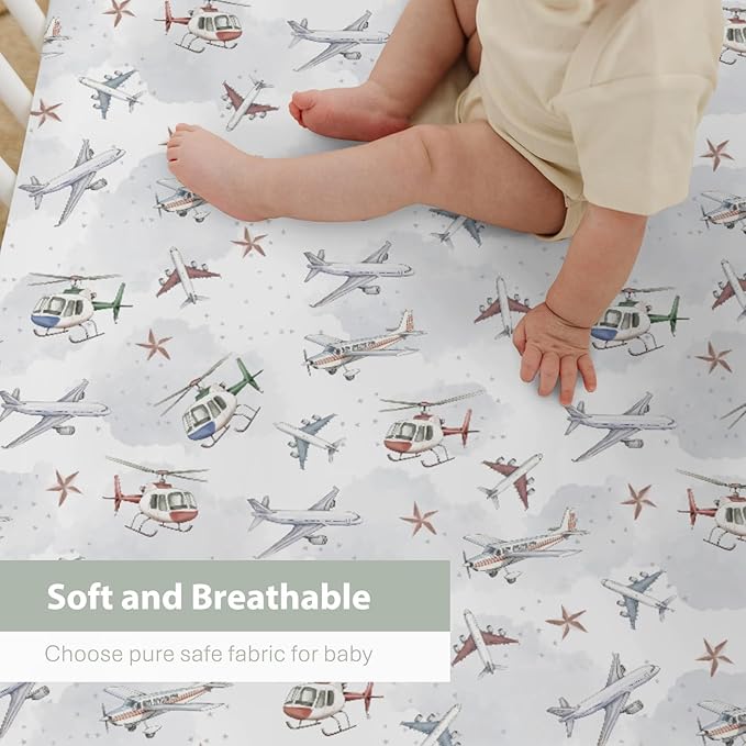Vintage Planes Airplanes Helicopters Baby Crib Sheets Boy Girl 28"x52" Plane Stars Clouds Sky Soft Stretchy Fitted Crib Mattress Cover Baby Sheet for Standard Crib & Toddler Mattress Pad