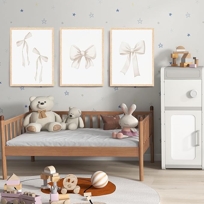 PicturePerfect Decor Bow frame wall art decoration set of 3 pieces beige aesthetic wall art fashion girl bedroom wall decoration beige bow print living room university apartment 16x24 inches