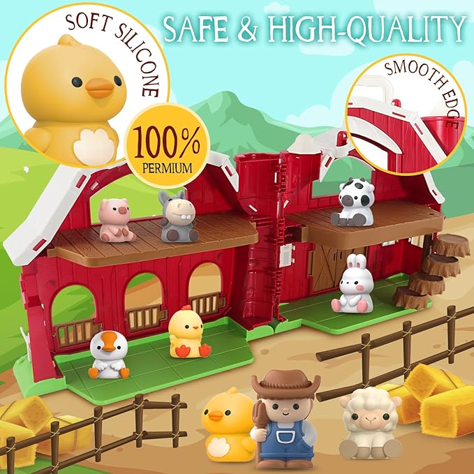 Toys for 1 2 3 Years Old Boys and Girls, Big Barn Playset with Farm Animal, Preschool Montessori Toy, Farm Playset with Big Red Barn & Farmer, Christmas & Birthday Gift Toy for Kids