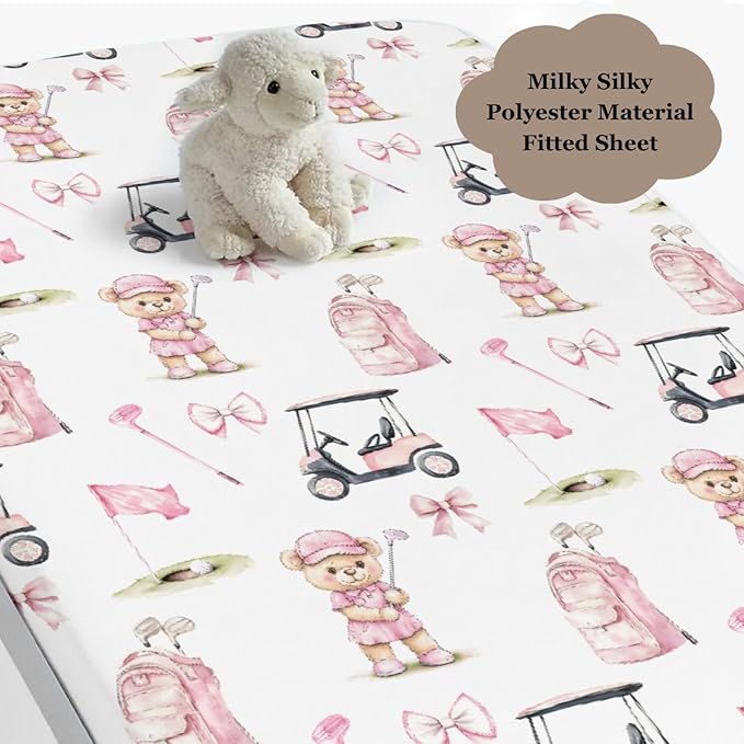 Cute Golf Bear Balls Cart Club Pink Baby Crib Sheet for Boys & Girls 52x28x9 in Bears Bows Golfing Bag Sport Fitted Crib Mattress Cover for Golfs Lover Gift Bed Sheet Balls One Size
