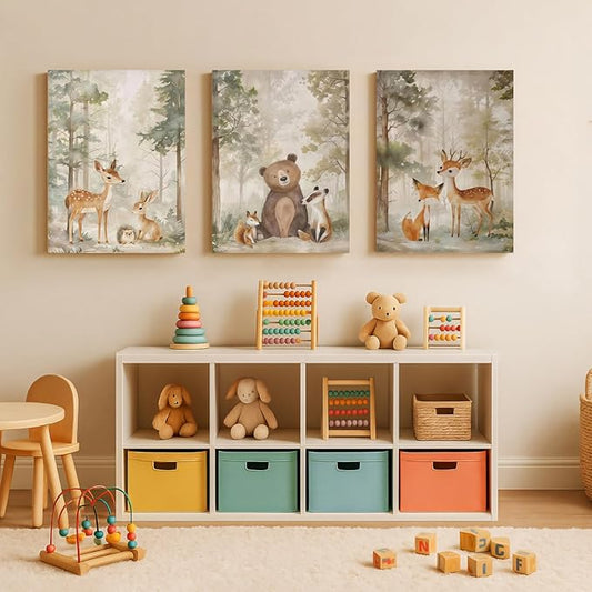 LLEEMPI Framed Woodland Nursery Wall Decor Set of 3, Cute Forest Animal Wall Art, Bear Fox Deer Watercolor Canvas Prints, Vintage Nature Poster Prints for Kids Bedroom Bathroom Playroom 16x24 Inch