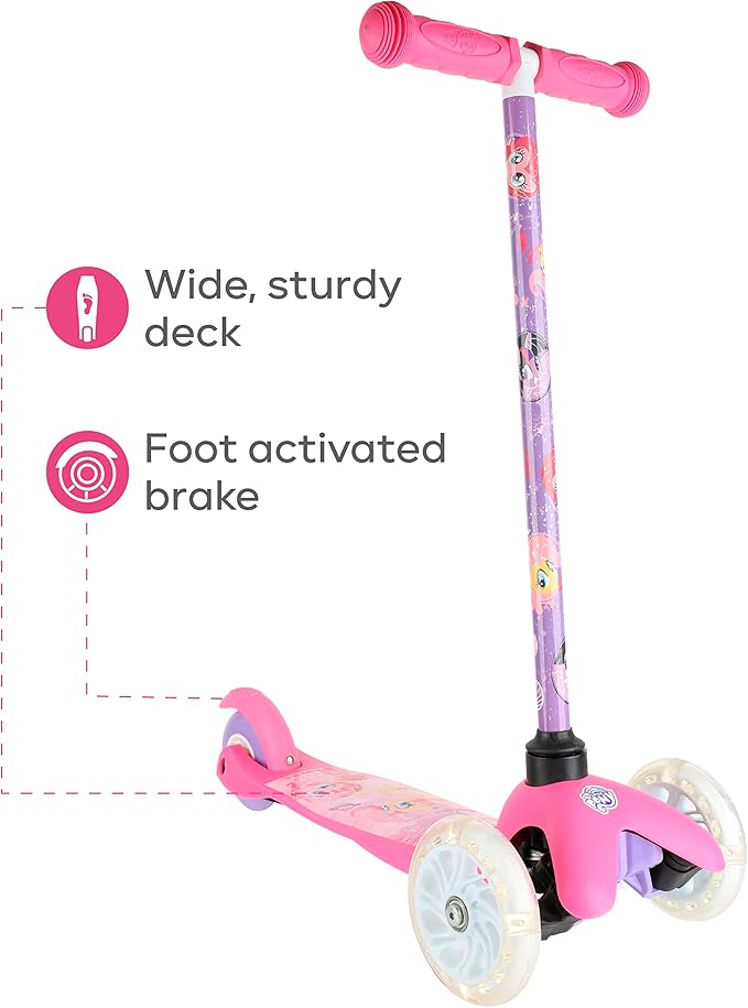 Self Balancing Kick Scooter with Light Up Wheels, Extra Wide Deck, 3 Wheel Platform, Foot Activated Brake, 75 lbs Limit, Kids & Toddlers Girls or Boys, for Ages 3 and Up