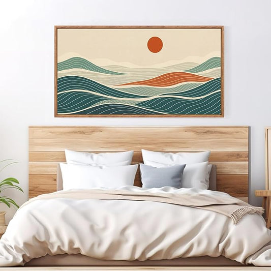 CHDITB Coastal Long Horizontal Framed Wall Art, Minimalist Sea Wall Decor, Waves Line Artwork Ocean Waves Painting, Modern Coastal Art Prints for Beach House Decor Nautical Theme Room 40”x20”x1