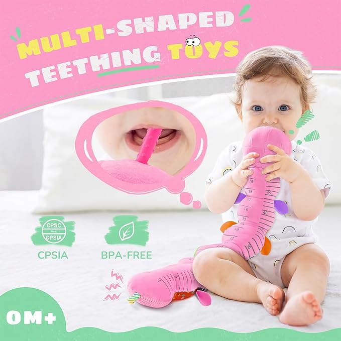 Baby Toys 6-12 Months Music Caterpillar,Stuffed Animals Infant Toys 0-3-6 Months,Baby Sensory Toys Tummy Time with Crinkle Rattle Teething Toys for Newborn Boys Girls Gifts Birthday|Rose Pink