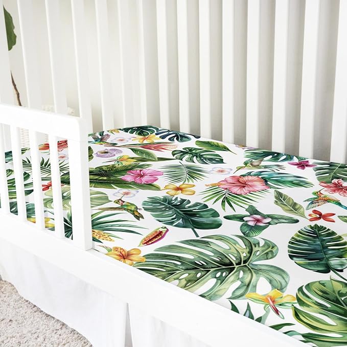 Green Tropical Leaves Floral Hummingbirds Baby Crib Sheets 52''x28'' Rainforest Monstera Leaves Snug Fitted Crib Mattress Covers for Boy Girl Soft Nursery Bed Sheet for Standard Crib Toddler Mattress