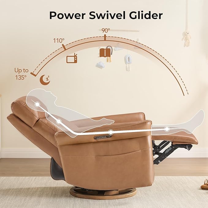 CHITA Genuine Leather Power Recliner Chair, Electric Triple-Motor Swivel Glider Nursery Rocking Chair with Adjustable Power Headrest and Lumbar Support, Solid Wood Base, Saddle Brown