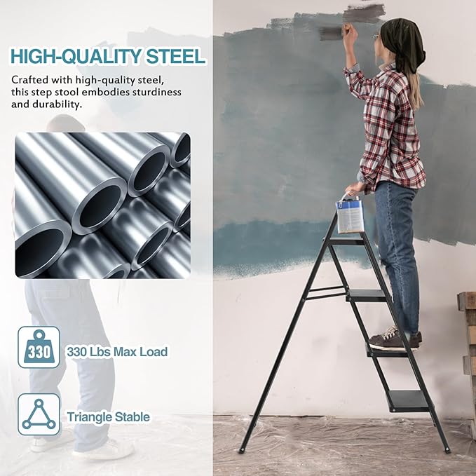 BOCOM 4 Step Ladder, Lightweight Portable Foldable Collapsible Folding Sturdy Iron Metal Step Stool with Anti-Slip Wide Pedal, Heavy Duty 330 lbs Capacity, for Home, Kitchen, Closet, Adults, Black