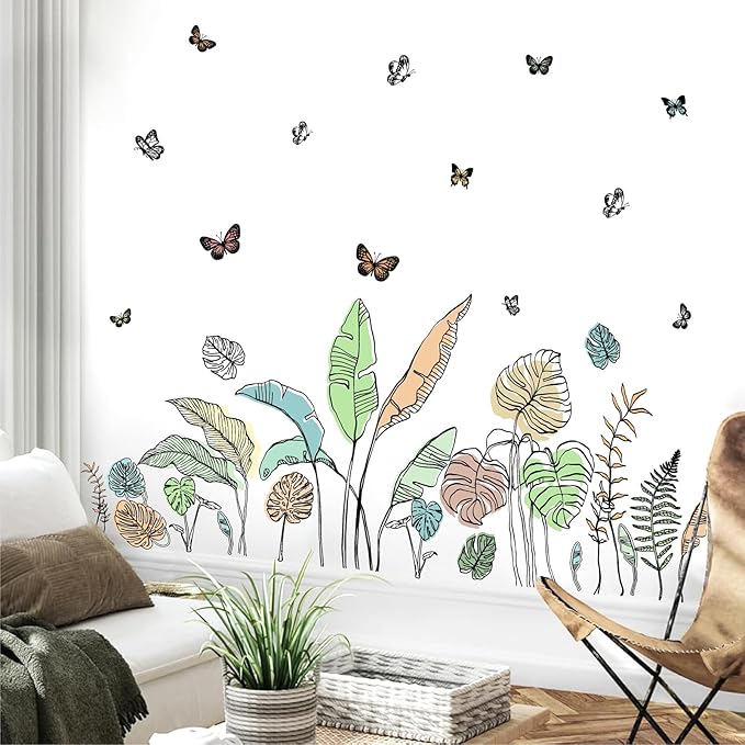 Palm Leaves Wall Decals Boho Tropical Leaves Wall Sticker Removable Green Plant Leaf Walls Decal Peel and Stick Tropical Leave Butterflies Vinyl Art Mural for Bedroom Living Room TV Background Decor