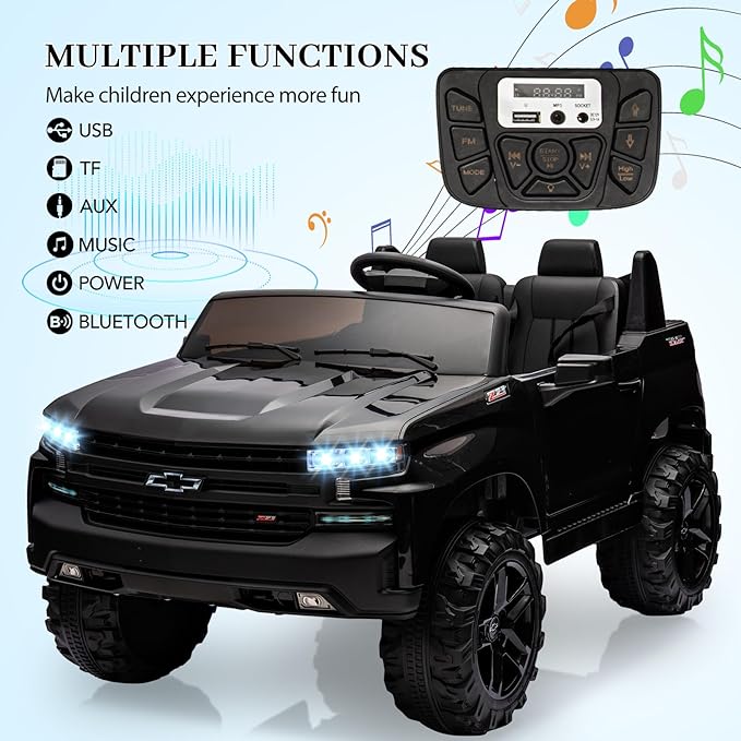 Hetoy 24V 2-Seater Truck Licensed Chevrolet Silverado Ride On Car Toy w/Parent Remote Control,4xSpring Suspension, 3 Speeds, Wireless Music, MP3 Player, Electric Vehicle Car for Kids, Black
