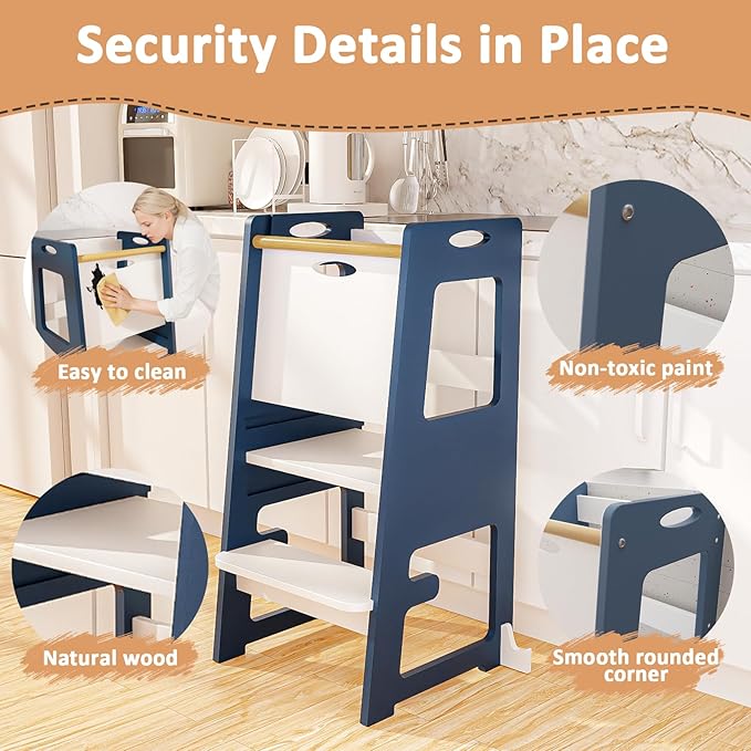 Kitchen Step Stool, Standing Tower for Kids, Adjustable Height Toddler Kitchen Tower with Anti-Slip Design & Safety Rails, Toddler Standing Step Stool with Wide Stable Base-Blue