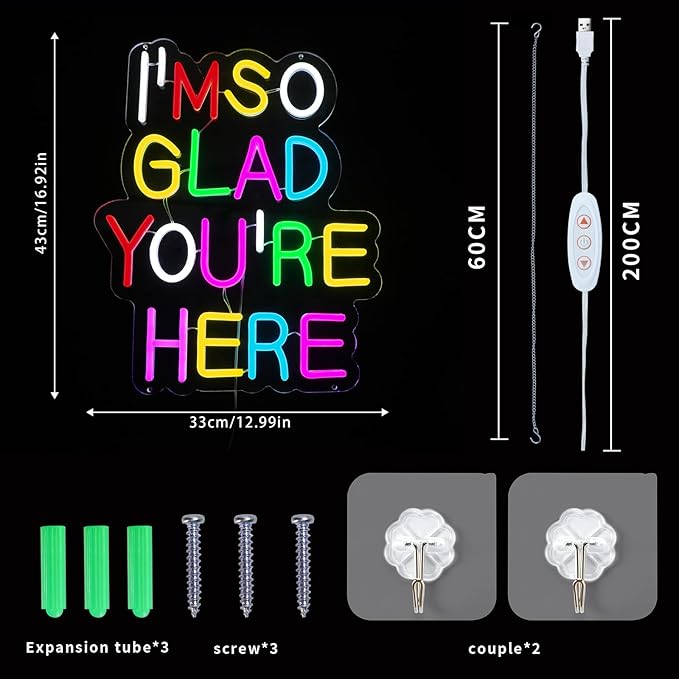 Enuoli I'm So Glad You Here Neon Sign Wall Decor Letter LED Neon Lights Light Up Signs For Kids Room Dimmable Positive Affirmation LED Neon Light Sign Home Business Wall Art Decor