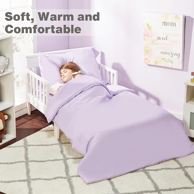 EVERYDAY KIDS 4 Piece Toddler Bedding Set - Includes Comforter, Flat Sheet, Fitted Sheet and Pillowcase - Solid Purple
