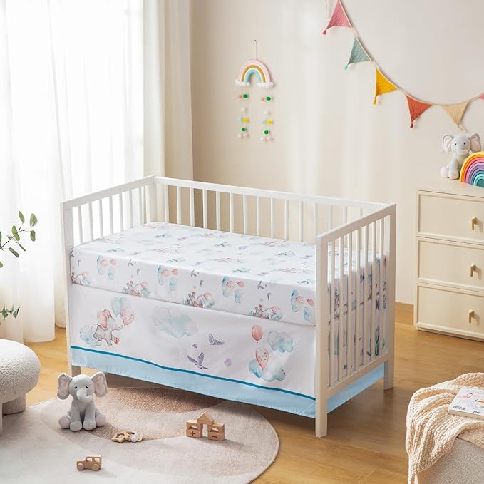 4 Pieces Crib Bedding Set for Baby Boys Girls, Infant Toddler Nursery Baby Bedding Sets Includes Cartoon Quilt, Fitted Crib Sheet, Crib Skirt and Plush Elephant Toy