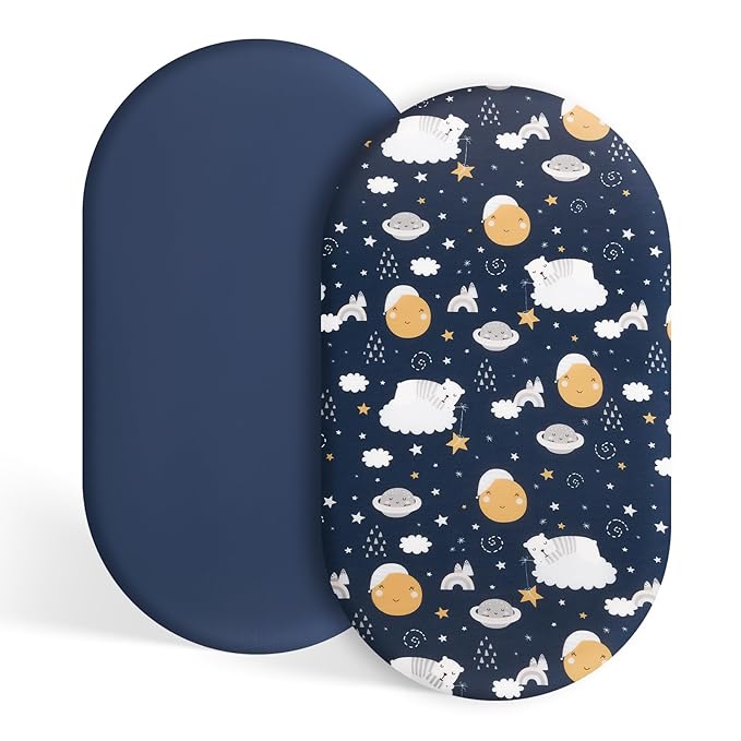 TILLYOU Baby Bassinet Sheets for Girls Boys, Fit for Hourglass Oval Rectangle Bassinet Mattress Sheets, 33”X16”, 2 Pack Adventure and Dark Blue