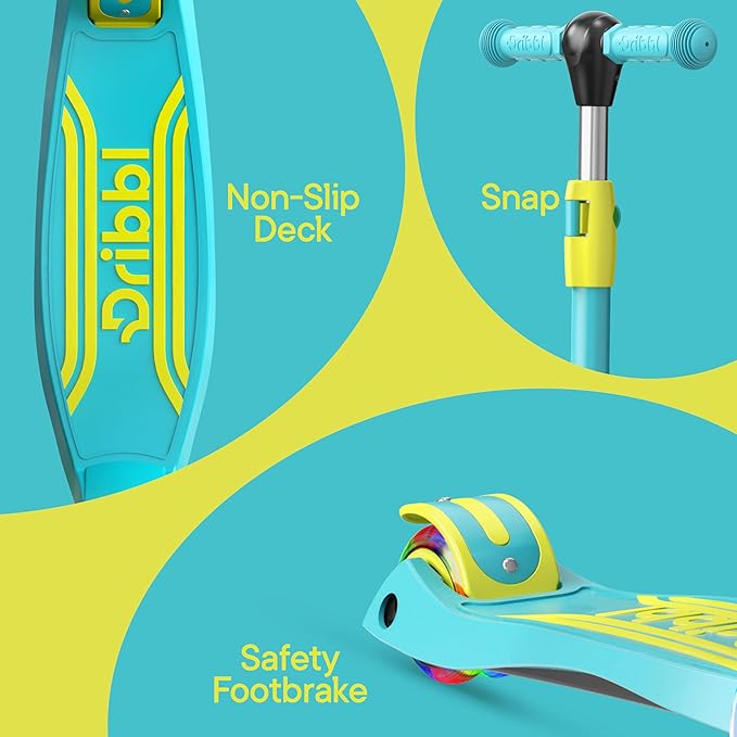 Dribbl 3-Wheel Kids Scooter - Lean-to-Steer Technology, Adjustable Height Handlebar, Wide Deck, Scooter for Boys & Girls Ages 3+, Child Safety Approved, Support Riders Up to 165 lbs, Aqua and Yellow