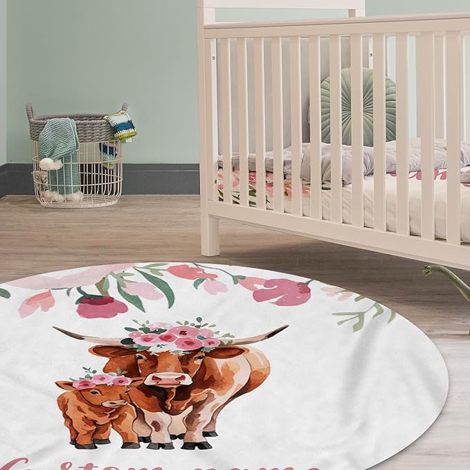 Personalized Baby Crib Bedding Set: 4 Piece Custom Pink Flowered Highland Cow Crib Bed Set with Name, Nursery Bedding Set for Baby Girls, Newborn Boys Crib Sets, Crib Bedding Custom Gift, Crib Sheet