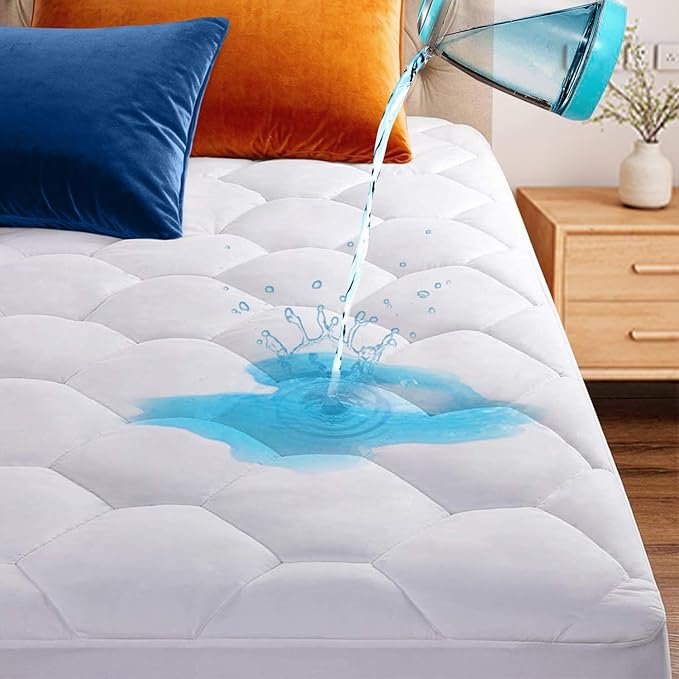 Full Quilted Waterproof Mattress Pad Cover,Soft Mattress Pad Cover, Waterproof Mattress Protector Stretches up to 16” Deep Pocket-Hollow Alternative Filling-Cooling Mattress Topper