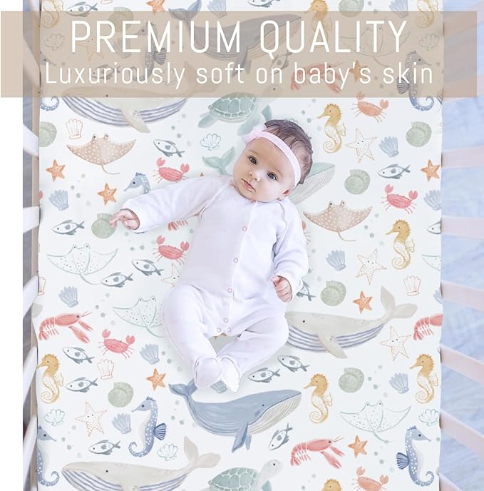 Boho Ocean Animals Baby Crib Sheets for Boys Girls Sea Horse Whale Turtle Crab Fish Soft Stretchy Crib Mattress Fitted Cover for 52''x28'' Standard Crib & Toddler Mattresses Marine Coastal Bed Sheets
