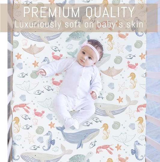 Boho Ocean Animals Baby Crib Sheets for Boys Girls Sea Horse Whale Turtle Crab Fish Soft Stretchy Crib Mattress Fitted Cover for 52''x28'' Standard Crib & Toddler Mattresses Marine Coastal Bed Sheets