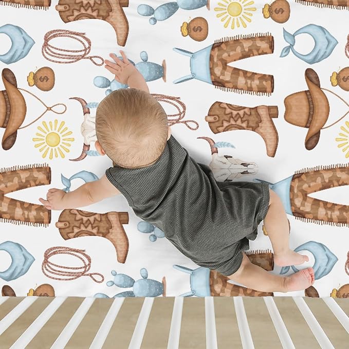 Cute Blue Western Cowboy Baby Crib Sheets for Boy 28"x52" Cowboy Boots Hat Cactus Skull Sun Soft Snug Fitted Crib Mattress Cover Wild West Desert Baby Sheet for Standard Crib & Toddler Mattress