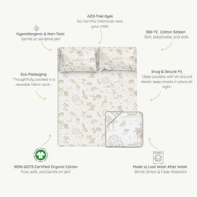 MakeMake Organics Organic Twin Fitted Sheet Set GOTS Certified Organic Cotton Fitted Sheet with 1 Pillowcase Ultra Soft Non Toxic Breathable Hypoallergenic (40"X76", Safari)