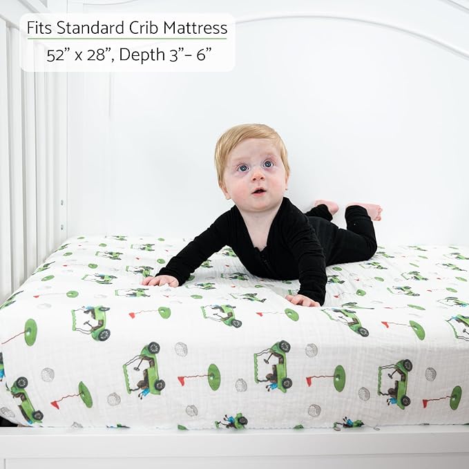 LollyBanks Muslin Crib Sheet 1 Pack, 100% Cotton Neutral Baby Crib Sheet for Standard 52"x28" Mattress, Soft Baby Fitted Sheets for Boys and Girls, Infant Bedding Essentials (Golf Cart Print)
