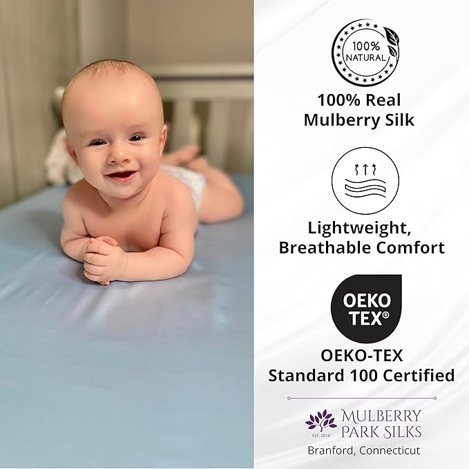 Mulberry Park Fitted Silk Crib Sheet - Grade 6A Pure 19 Momme Toddler Bedding - Gentle on Baby's Delicate Skin, Helps with Bald Spot, Eczema, Dry Skin & Cradle Cap - 28" x 52" / Sleepy Silver