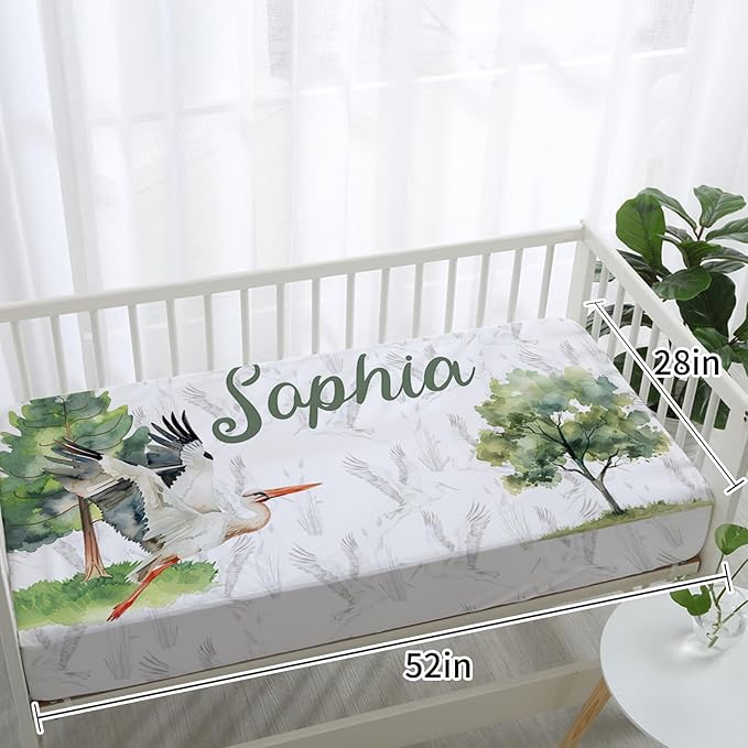 Custom Baby Crib Bedding Set, Personalized Name Moon Crane Design Crib Set 3 Pcs, Soft Double Layer Blanket, Crib Sheet & Room Rug, Ideal Nursery Decor Gift for Baby Girls Boys