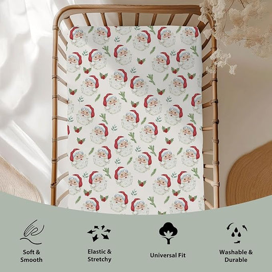 Christmas Santa Claus Baby Crib Sheets for Boy Girl 52"x28" Retro Santa Cherry Fir Leaves Soft Snug Fitted Crib Mattress Cover Winter Holiday Nursery Baby Sheet for Crib & Toddler Bed Mattresses