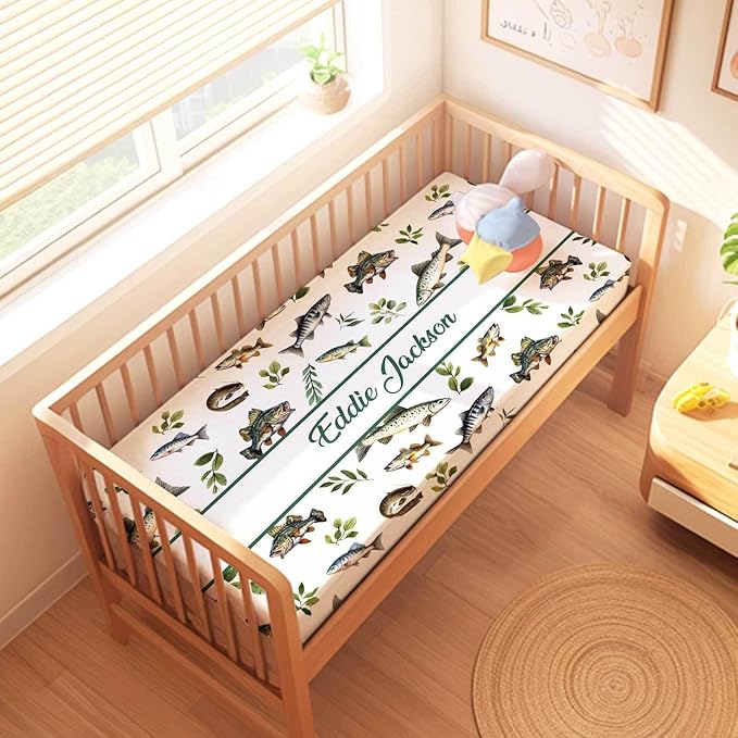 Personalized Fishing Theme Crib Bedding Set for Boys – Custom Name 3-Piece Nursery Bedding with Blanket, Fitted Crib Sheet & Pillowcase – Soft Baby Bedding for Newborn Infant Toddler