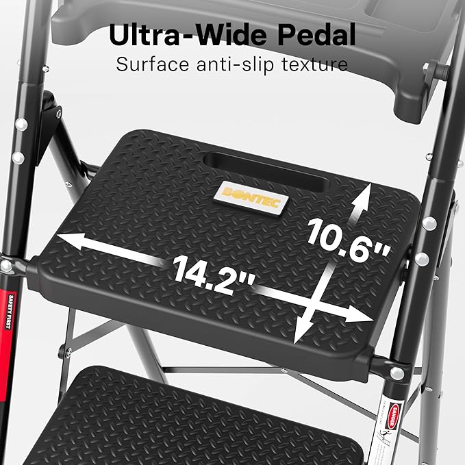 BONTEC 4-Step Ladder, 400lbs Max Load, Folding Step Stool with Tool Tray, Anti-Slip Pedals, Sturdy Steel, Lightweight Portable Ladder with Handrail for Home & Work Use, Black