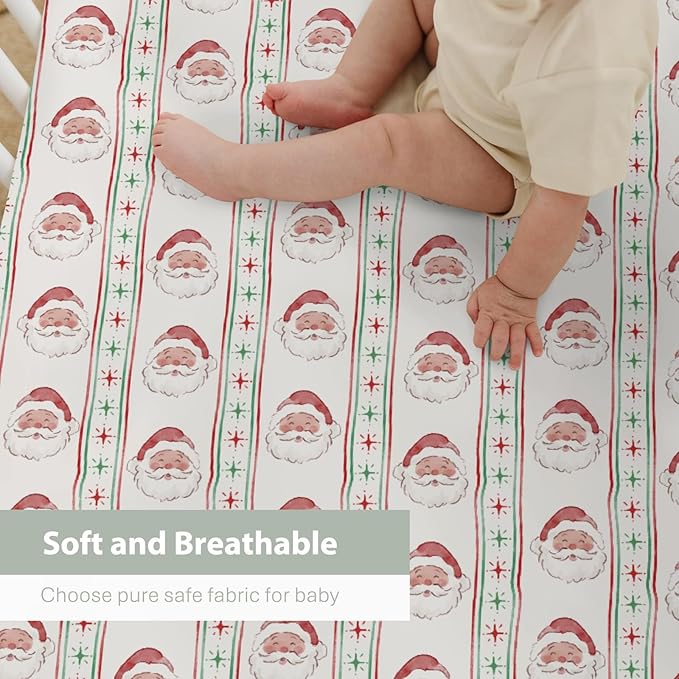 Red and Green Christmas Santa Baby Crib Sheets for Boy Girl 52"x28" Winter Santa Claus Stars Stripe Soft Snug Fitted Crib Mattress Cover Holiday Festive Baby Sheet for Standard Crib & Toddler Mattress