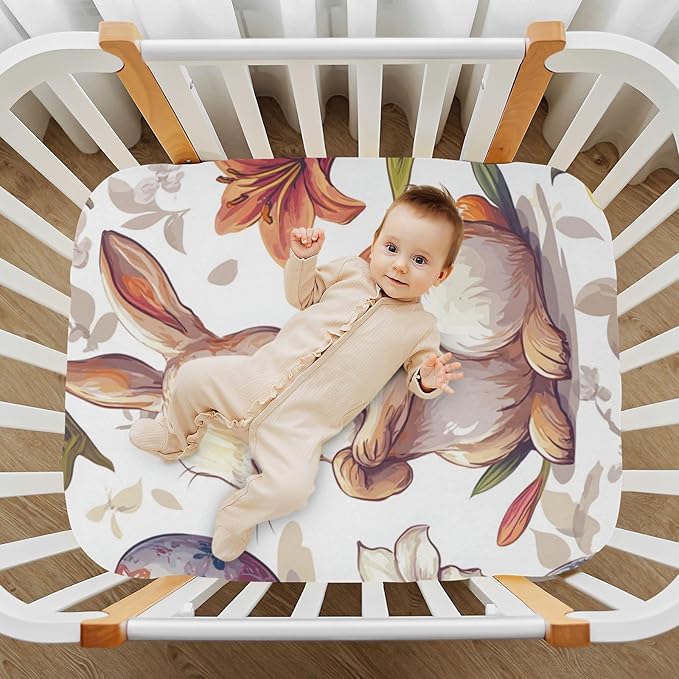 White Easter Bunny Easter Egg Lily Flower Crib Sheets Standard Crib Toddler Mattresses Cover Fitted Baby Bed Sheet Breathable Crib Mattress Sheet for Girls Boys 52" x 28"x5''