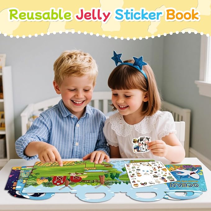 Reusable Sticker Book for Toddlers 3-6, Jelly Stickers for Kids, Sticker Activity Book Travel Toys for Road Trip, Car & Airplane, Educational Learning Gifts for Boys and Girls Ages (Animals Theme)