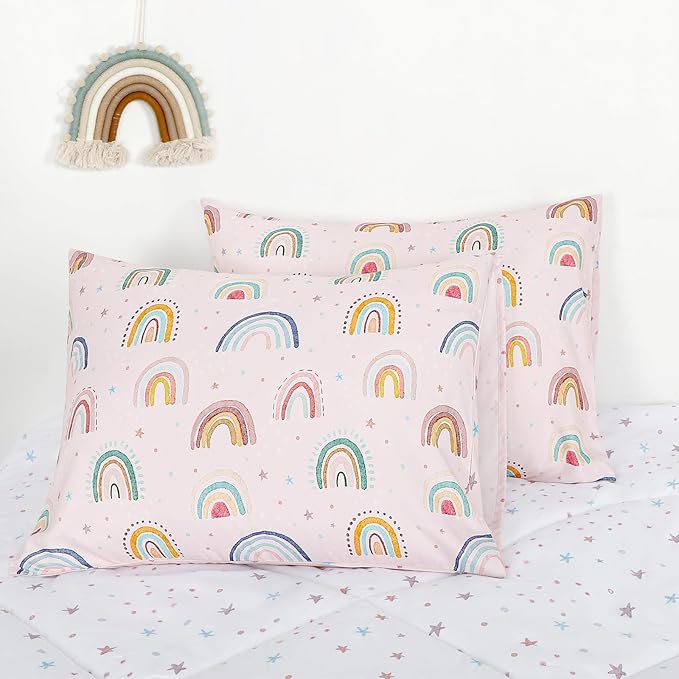 Twin Size Toddler Bedding Set for Girls 5 Piece Toddler Girl Bedding, Super Soft Toddler Comforter Set Includes Comforter, Flat Sheet, Fitted Sheet, Pillowcase (Pink Cute Rainbow)
