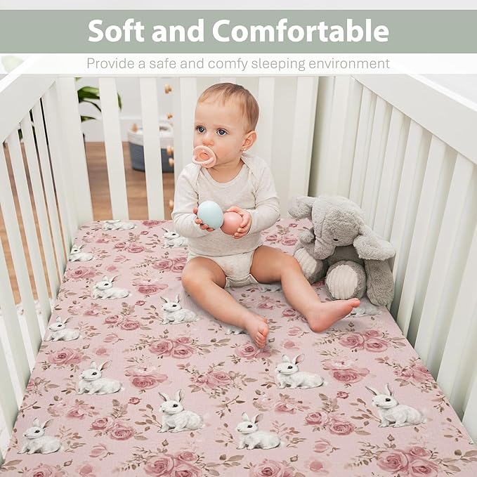 Spring Bunnies Pink Roses Baby Crib Sheets for Boy Girl 52x28Inch Cute Rabbits Flowers Soft Snug Fitted Crib Mattress Cover Spring Garden Baby Sheet for Standard Crib and Toddler Bed Mattress