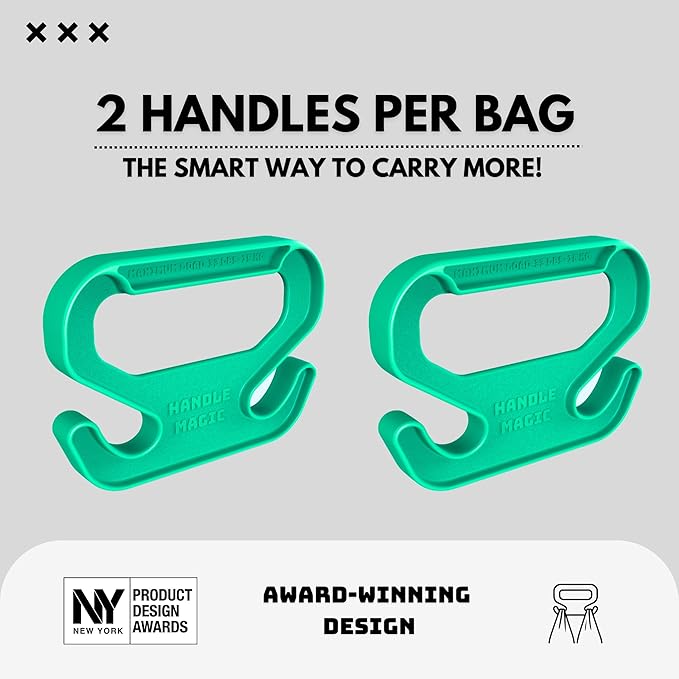 Handle Magic (2 Units) Bag Carriers | Ergonomic Grip and Bag Holder | Pocket Size | Lightweight & Comfortable for Shopping & Travel - Made in USA (Green)