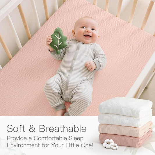Baby Organic Fitted Crib Sheets 2 Pack 100% Organic Cotton Muslin 52x28 Inches, Ultra Breathable and Soft Sheet Fits All Standard Crib Mattress Sheet Neutral Toddler Bedding for Baby Boys Girls